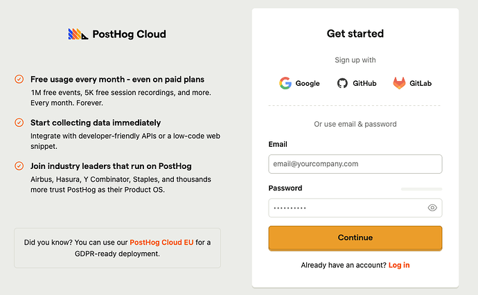 PostHog signup screen