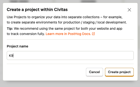 Creating a K9 project under my organization: Civitas